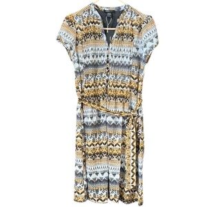 Robert Louis Gold and Gray Patterned Belted Dress